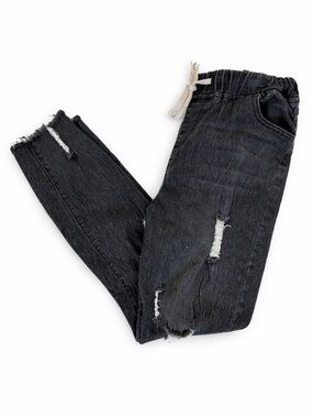 Distressed Black Jogger Jeans Size XL Drawstring Waist Raw Hem Denim Pants